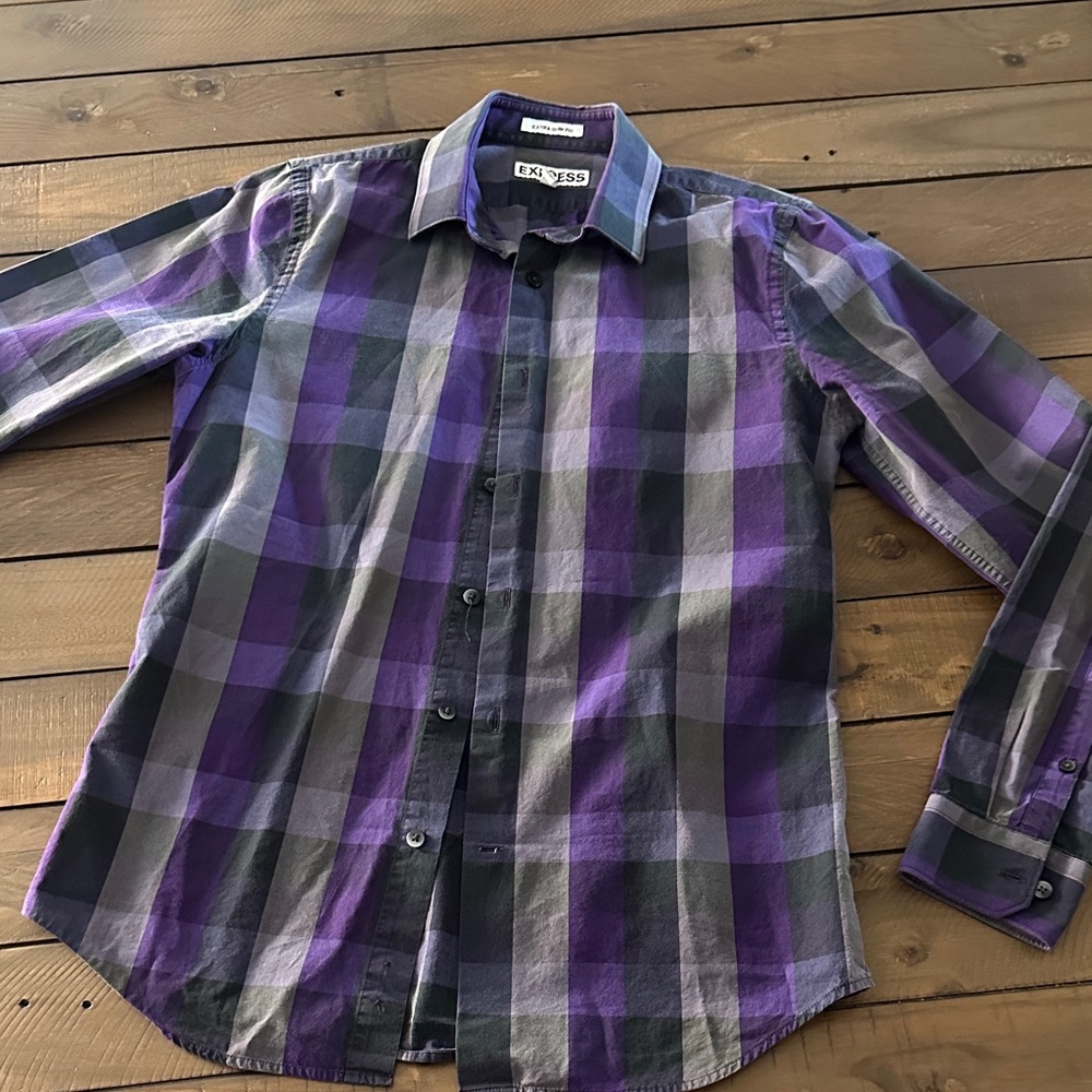 Express Men's Purple and Black Checkered Shirt